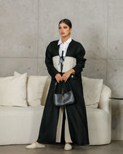 black linen abaya with beige striped panel and modern design