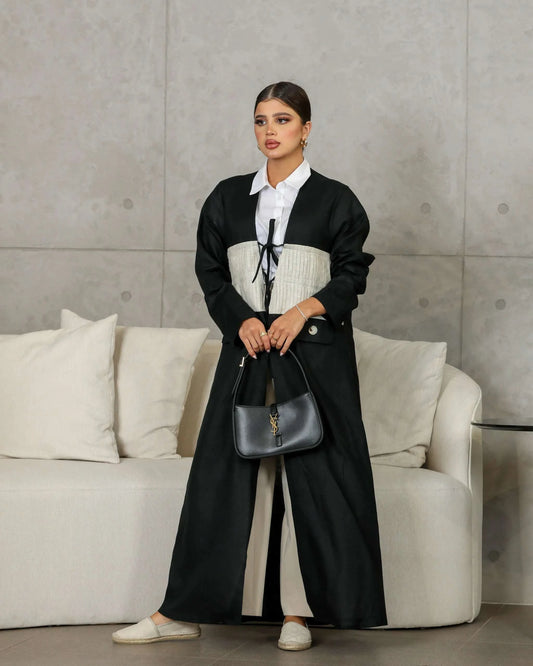 black linen abaya with beige striped panel and modern design