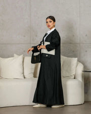black linen abaya with beige striped panel and modern design