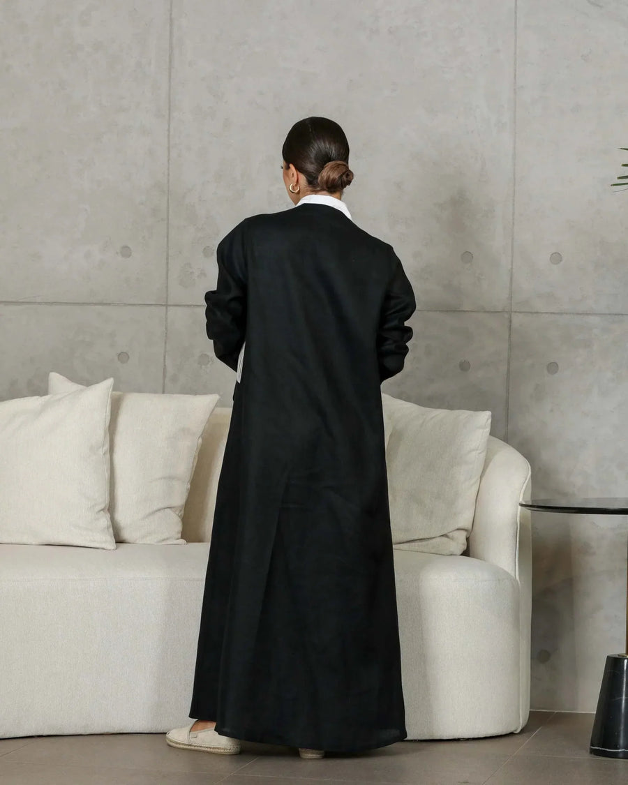 black linen abaya with beige striped panel and modern design