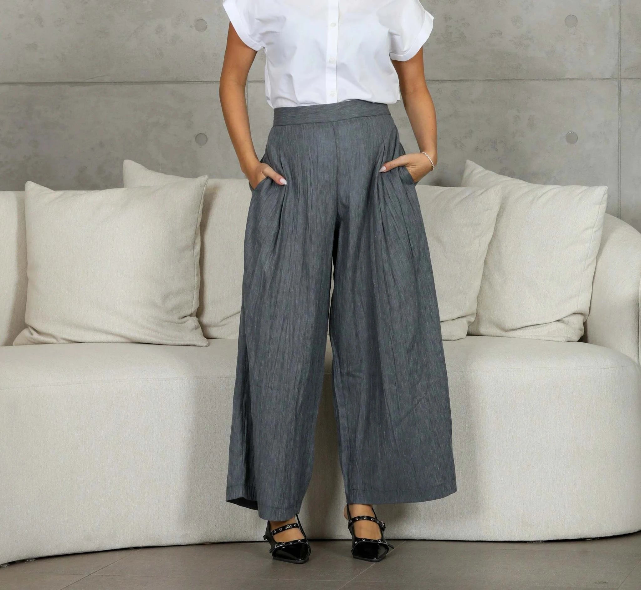 Crumpled Linen Pants Gray
