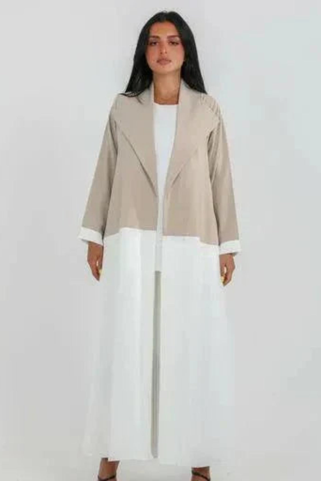 Two-tone beige and white crepe blazer abaya with open front and wide lapels for a modern look - two-tone crepe blazer