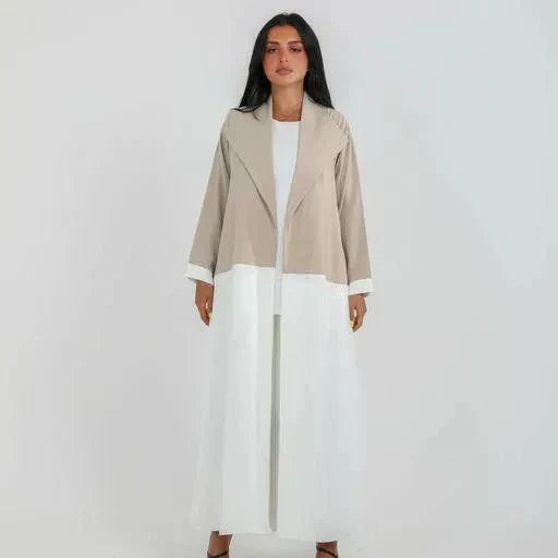 Two-tone beige and white crepe blazer abaya with open front and wide lapels for a modern look - two-tone crepe blazer