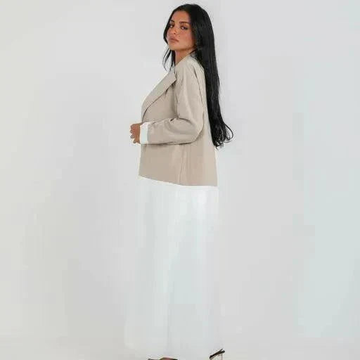 Two-tone beige and white crepe blazer abaya with open front and wide lapels for a modern look - two-tone crepe blazer