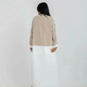 Two-tone beige and white crepe blazer abaya with open front and wide lapels for a modern look - two-tone crepe blazer