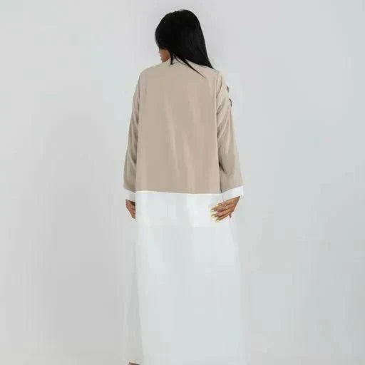 Two-tone beige and white crepe blazer abaya with open front and wide lapels for a modern look - two-tone crepe blazer