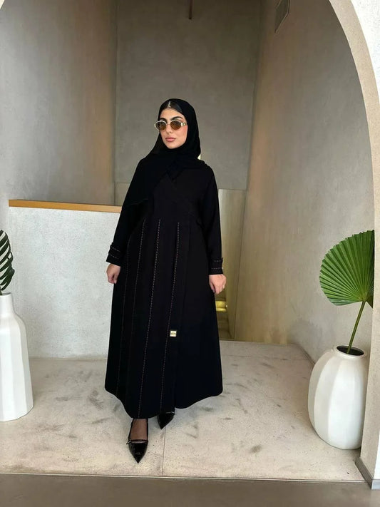 Velza black crepe abaya with subtle brown embroidery for elegant everyday wear
