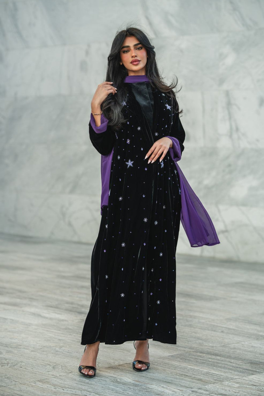 black velvet abaya with silver and lilac star embroidery and purple lining
