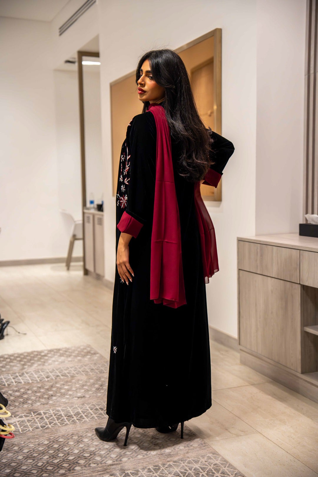 Black velvet abaya with red and white floral embroidery and maroon chiffon lining and cuffs, elegant and luxurious Crimson Petal design