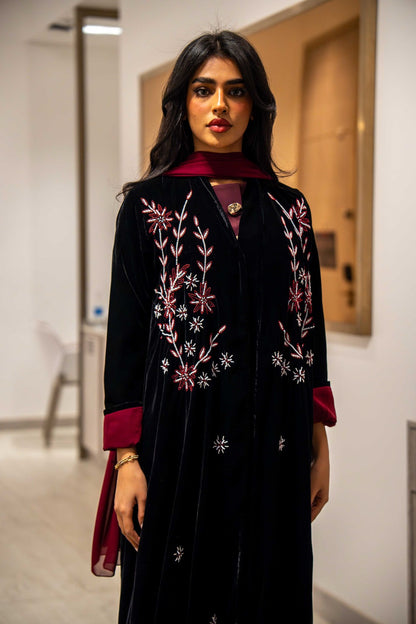 Black velvet abaya with red and white floral embroidery, maroon chiffon lining and cuffs, elegant festive wear Crimson Petal design