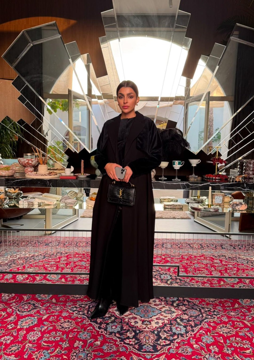 Velisse black abaya with crepe body and velvet sleeves featuring a sharp lapel collar for modern elegance