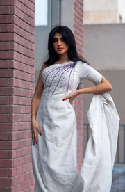 Beige single-shoulder linen dress with purple embroidery and gathered side drape - single-shoulder dress
