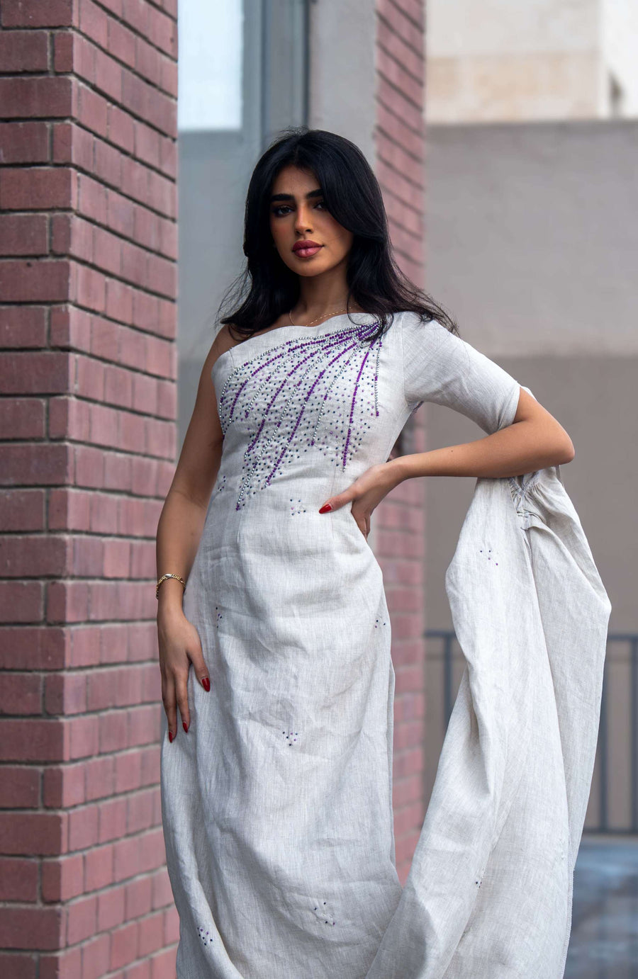 Beige single-shoulder linen dress with purple embroidery and gathered side drape - single-shoulder dress