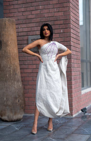 Beige single-shoulder linen dress with purple embroidery and gathered side drape - single-shoulder dress