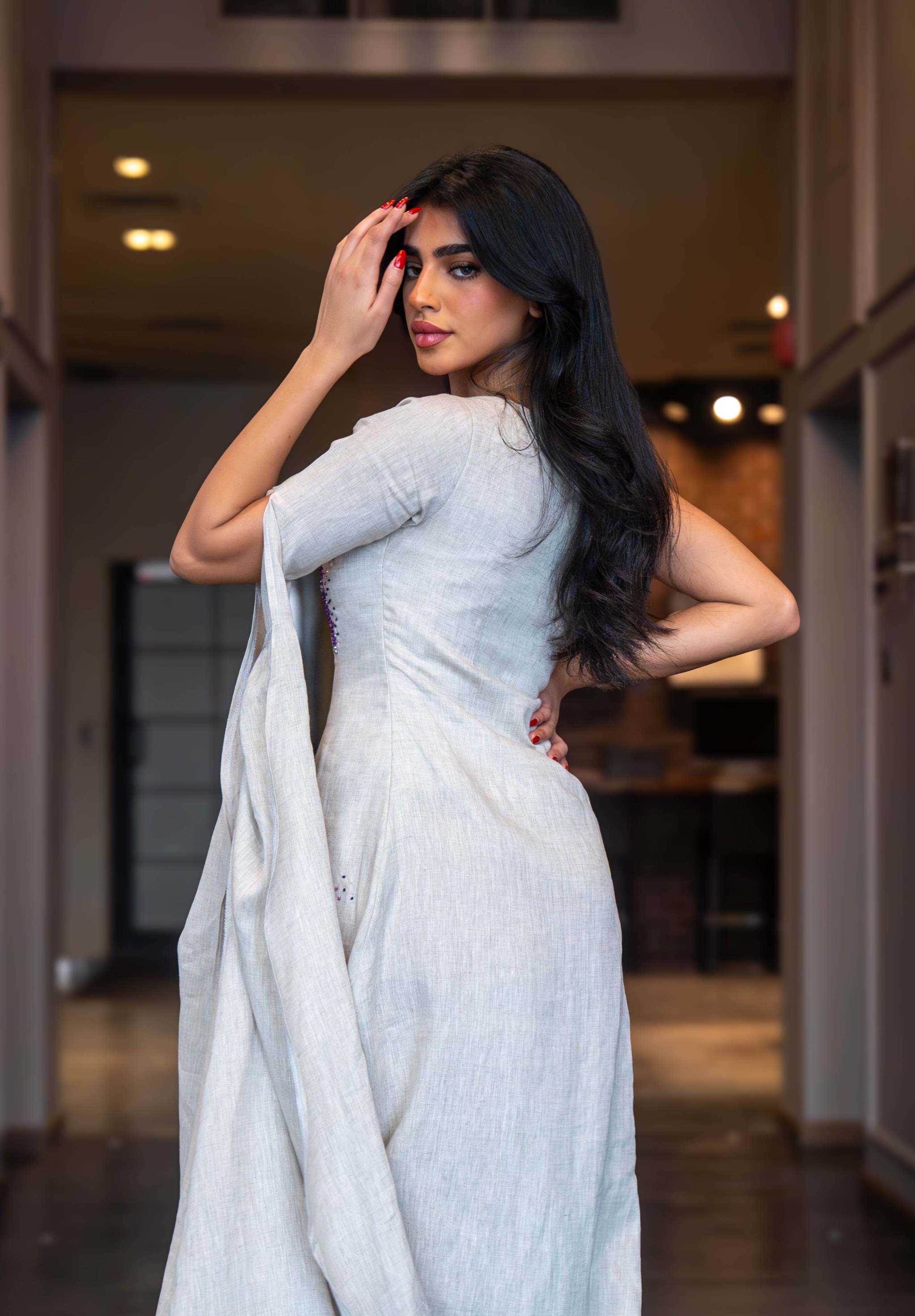 Beige single-shoulder linen dress with purple embroidery and gathered side drape - single-shoulder dress