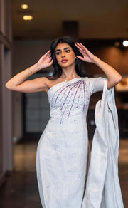 Beige single-shoulder linen dress with purple embroidery and gathered side drape - single-shoulder dress