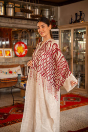 Beige bisht with bold red embroidery on shoulders and sleeves, elegant textured fabric for special occasions