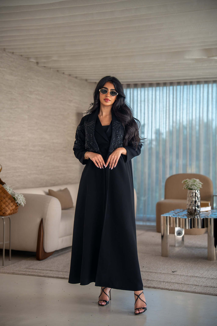 luxurious blend of crepe and satin fai abaya with intricate embroidery and soft drape