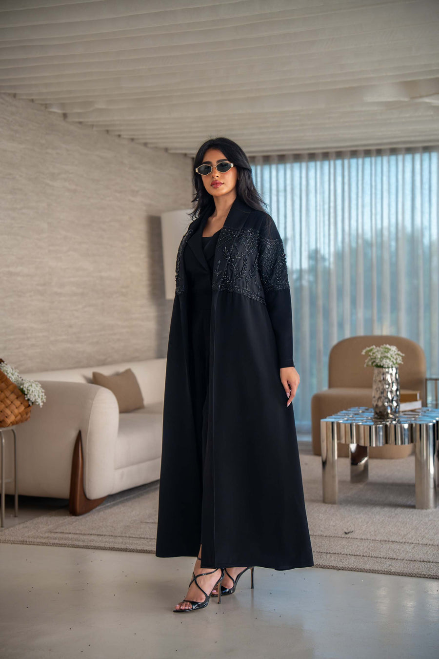 luxurious blend of crepe and satin fai abaya with intricate embroidery and soft drape