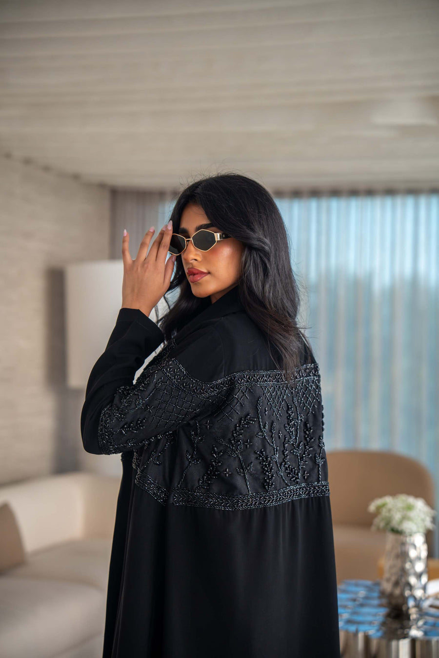 luxurious blend of crepe and satin fai abaya with intricate embroidery and soft drape