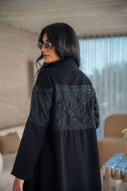 luxurious blend of crepe and satin fai abaya with intricate embroidery and soft drape