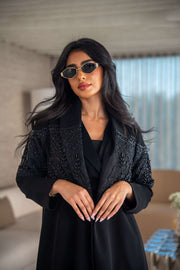 luxurious blend of crepe and satin fai abaya with intricate embroidery and soft drape