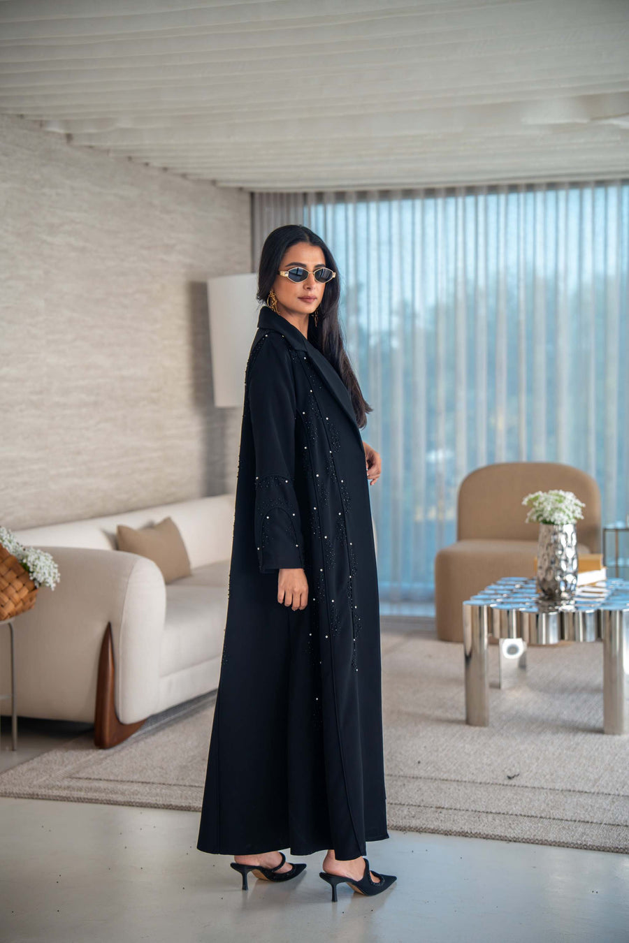 Velira black crepe abaya with delicate dot pattern embroidery, elegant and flowing silhouette for everyday and special occasions