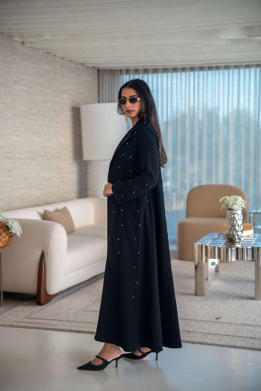 Velira black crepe abaya with delicate dot pattern embroidery, elegant and flowing for everyday and special occasions