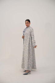 Elegant open-front jacquard silk abaya with soft pattern and long comfortable cut