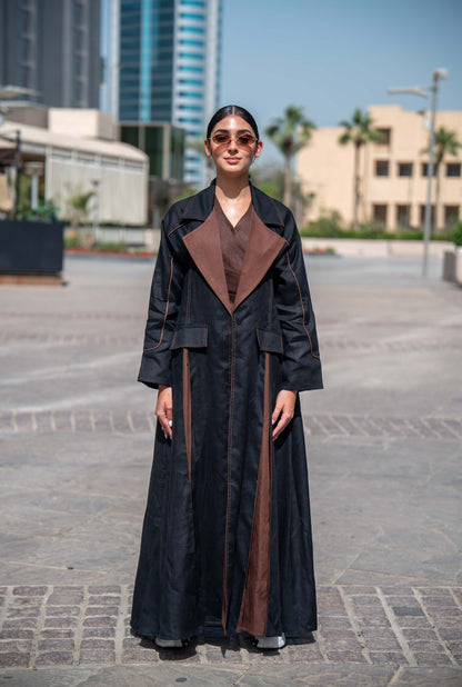Modern Velora abaya in black and brown linen with wide lapels and street-style design