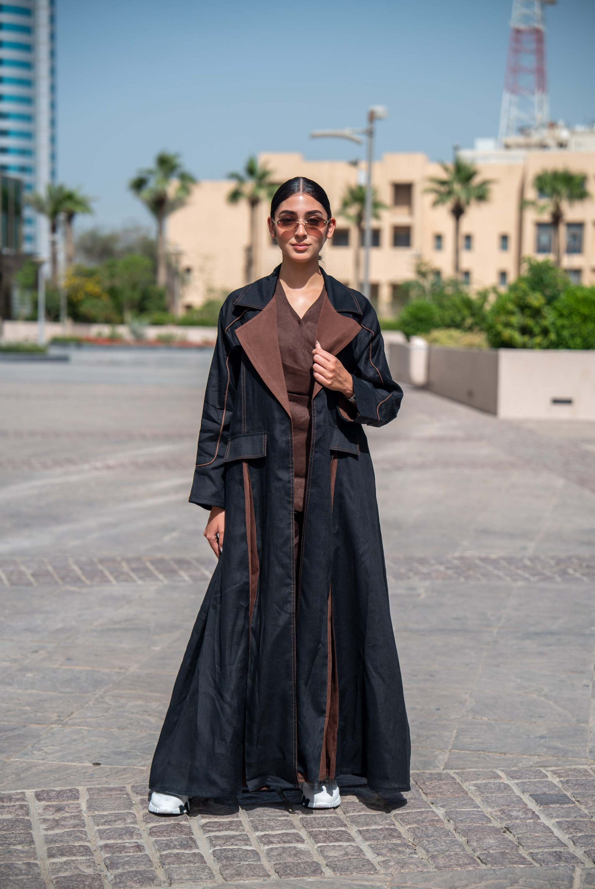 Modern Velora abaya in black and brown linen with wide lapels and structured street-style design