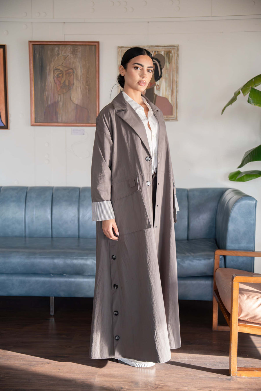 Taupe Button-Down Utility Abaya – Modern Elegance