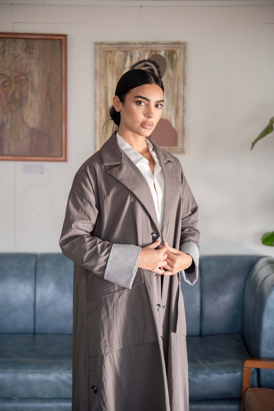 Taupe Button-Down Utility Abaya – Modern Elegance