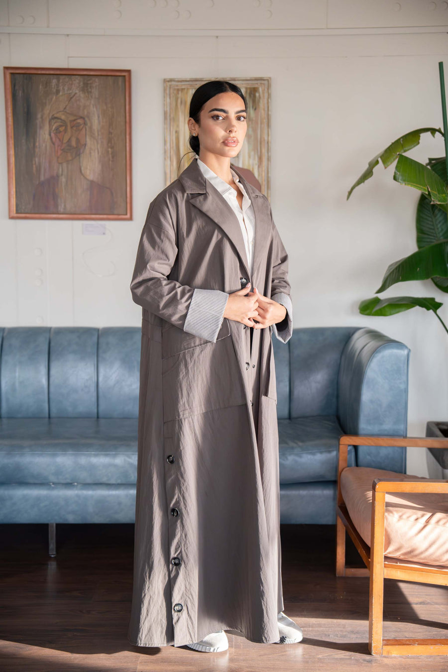 Taupe Button-Down Utility Abaya – Modern Elegance
