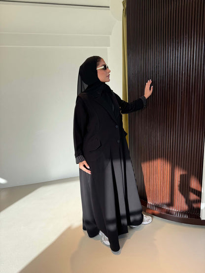Striped Cuff Crepe Trench Abaya