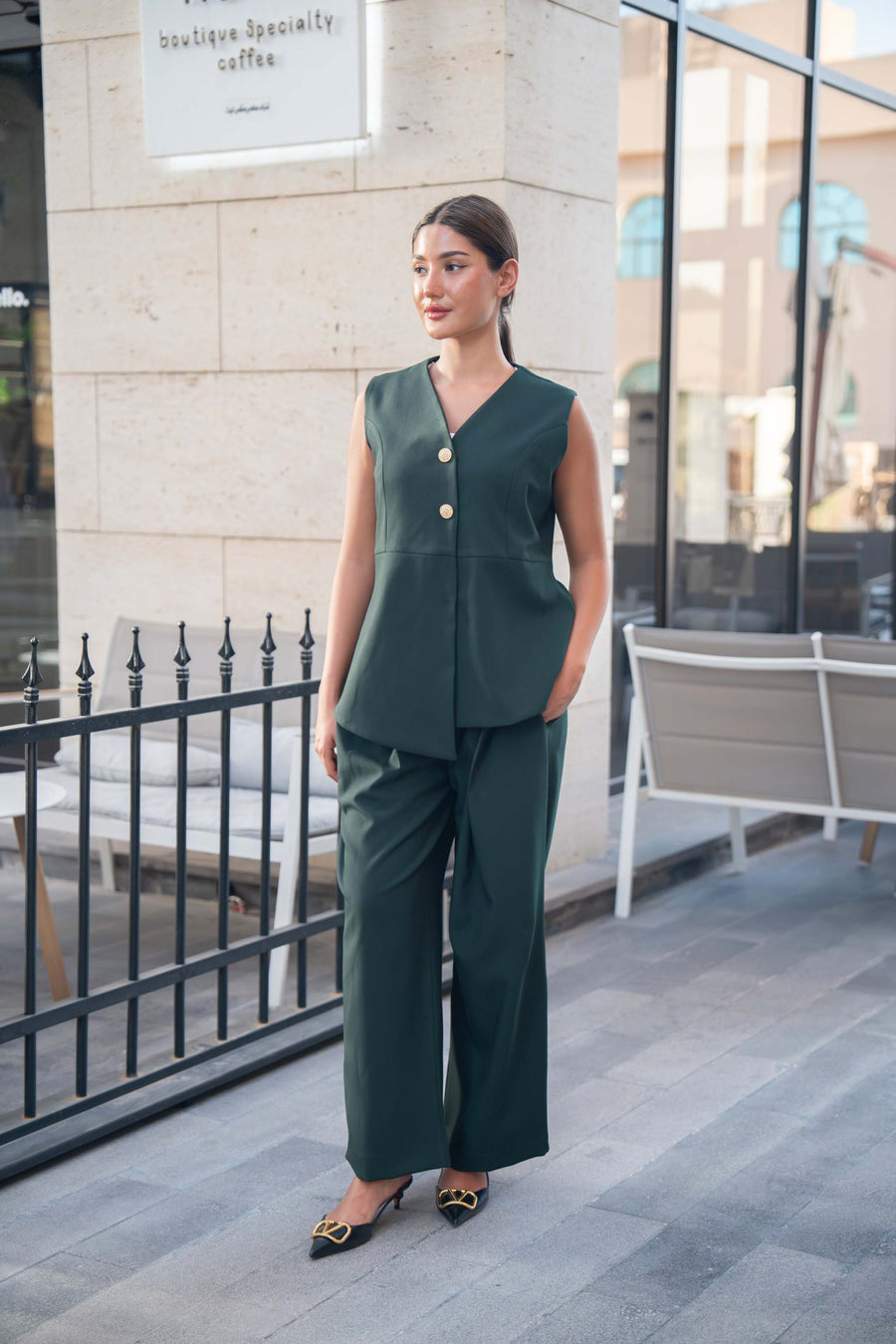 Emerald Green Sleeveless Top with Gold Buttons