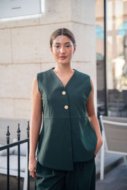 Emerald Green Sleeveless Top with Gold Buttons