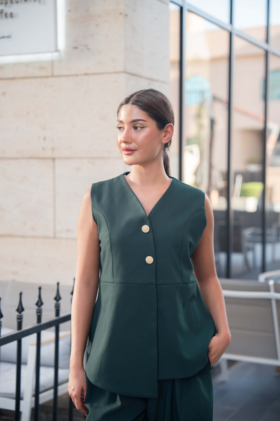 Emerald Green Sleeveless Top with Gold Buttons