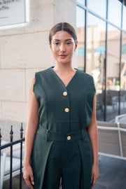 Emerald Green Sleeveless Top with Gold Buttons