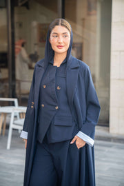 801 navy blue abaya with matching blazer and pants worn by woman