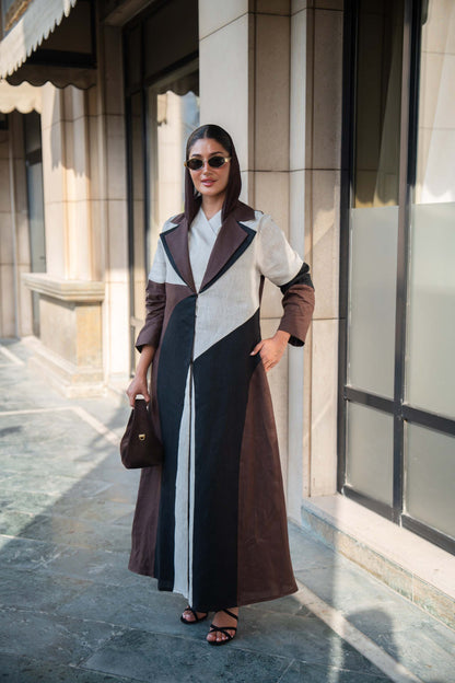 Two-Tone Linen Abaya with Contrast Panels