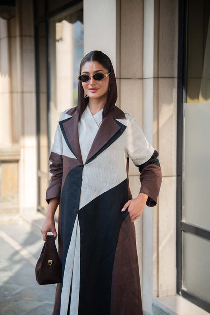 Two-Tone Linen Abaya with Contrast Panels