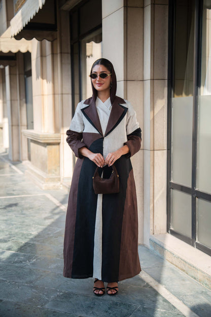Two-Tone Linen Abaya with Contrast Panels
