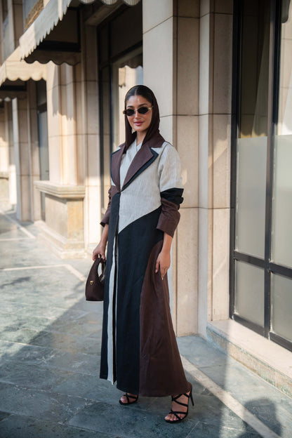 Two-Tone Linen Abaya with Contrast Panels