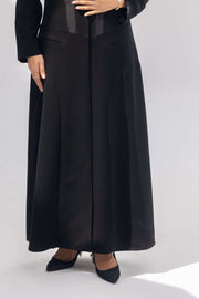 Elegant black crepe abaya with dark grey accents and silk lining, front-open and tailored for comfort and style