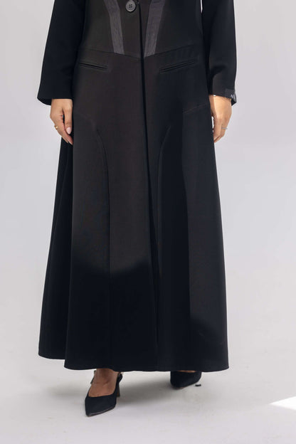 Elegant black crepe abaya with dark grey accents and silk lining for comfort and style
