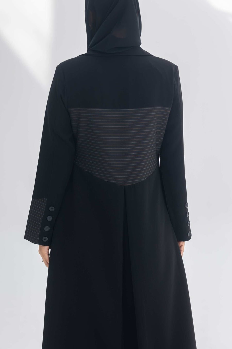Black crepe blazer abaya with textured back panel and cuff buttons, elegant and modern design