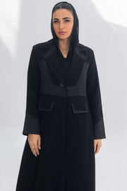 Black crepe blazer abaya with contrasting fabric and sleek modern silhouette for elegant daily and formal wear
