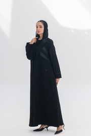 Noira Belle black crepe abaya with striped satin panels and hooded design for a modern elegant look