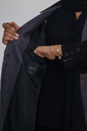 Blue Stitch abaya featuring black crepe and denim fabric fusion for modern elegance